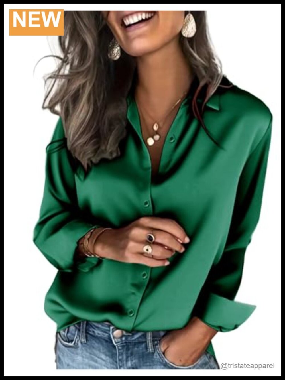 Satin Button Down Shirt Long Sleeve V-Neck Blouse Women Silk-like Top